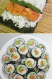 === Ingredience ===
250 g sushi rýže (ta moje je prý Nr. 1 v Californii, věřme tomu)
200 g čerstvého lososa (koupila jsem si ho v makru, kde mám alespoň trošku pocit, že to není "ležák"
1 větší avokádo, koupila jsem si zralé, druh s hnědou slupkou
wasabi, japonský křen, lze koupit v tubě, nebo si kupte jako já v prášku
řasa nori, pláty (já jsem si koupila velké balení se zip lockem, má vydržet až do roku 2014)

Na ochucení rýže:
1 lžíce cukru
2 lžíce rýžového octa (rice vinegar, mizkan)
lžička soli

Na servírování:
sojová omáčka kikoman (červený)
nakládaný zázvor
wasabi křen (pasta)

=== Příprava ===
Připravte si rýži. Postupovala jsem podle návodu. Nejprve jsem rýži proplachovala, proplachovala a proplachovala a když mě přestolo bavit, že vytékající voda není stále tak čirá jak by podle návodu měla být, tak jsem s proplachováním přestala. Potom jsem odměřila množství rýže a přilila k ní 1,2 množství vody, tak to bylo v návodu. Rýže se prý nemá solit. Uvedla jsem rýži do varu, promíchala a stáhla plamen a přiklopila poklicí. Rýži jsem vařila, bez míchání, 17 minut, potom jsem odklopila poklici papiňáku a dala jsem pod ní útěrku, poklici jsem zase přiklopila. To jsem se někde dočetla, že to pohltí přebytečnou vlhkost. Rýže se má nechat odpočívat ještě 10 minut.

Mezi tím jsem si v malém hrci rozehřála ocet a trošku vody, vsypala jsem cukr a sůl a nechala vše rozpustit.

Pokud máte speciální bambusovou mísu na chlazení rýže, jste šťastlivci. Já jsem si našla velkou mísu, do které jsem si rýži vysypala, suši rýže je přirozeně lepivá. Také jsem se dočetla, že při chlazení rýže se má používat vějíř. No asi se dobrovolně přiznám, že ikdybych ho měla, takové tanečky bych kolem rýže stejně nedělala. Rýži jsem v míse několikrát pomocí velké lžíce, protože ještě byla moc horká, pročechrala. Potom jsem do rýže nalila octovou směs na ochucení, snažila jsem se tak rovnoměrně jak jen to šlo. Rýži jsem potom vyšoupla za dveře na balkon a chodila ji občas pročechrat, dokud úplně nevychladla.

Mezi tím jsem si nakrájela syrového lososa na delší placatější nudličky, cca 1 cm široké. Oloupala jsem si avokádo a nakrájela si ho na tenké, cca 2 mm široké plátky.

Potom jsem si vzala plátek řasy nori, položila ho lesklou stranou dolu a narovnala na ní rýži. Nechala jsem si na začátku i na konci cca 1 cm volného místa bez rýže, proto, aby se mi to lépe rolovalo.

Prášek wasabi si rozmíchejte s vodou. Stačí 1/2 lžíce prášku wasabi a cca 1,5 lžičky vody, měla by vzniknout ani moc tuhá ani moc krémová pasta, prostě tak akorát.

Do první třetiny jsem si položila nudličky lososa a avokádo, lehce jsem udělala proužek z wasabi. Opravdu jen malé množství, wasabi má sílu. A začala jsem pomocí rohožky (vlastně prostírání) rolovat. Aby vám rolka dobře držela můžete si konec řasy jemně navlhčit vodou, lépe se vám konce slepí.

Vznikly docela sympatické rolky, které vidíte na obrázku. Nakrájela jsem je ostrým nožem na kolečka o tloušťce cca 1,5 cm.

My jsme sushi nejedli hned, tak jsem ho přiklopila skleněnou mísou. Řasa stihla pěkně změknout.

=== Servírování ===
Do mělké mističky si každý nalije cca 1 cm soji, v mističce si rozmíchejte malé množství (na špičky hůlek) wasabi, kdo má rád ostřejší, ať si v soje rozmíchá větší množství, ale pozor ať z toho neslzíte. Rolku uchopte hůlkami, namočte jí lehce v sojové omáčce a celé sousto snězte. Každé sousto prokládejte plátkem nakládaného zázvoru. Je to geniálně vyladěná kombinace.

Rolky si můžete udělat i čistě vegetariánsky se salátovou okurkou, zbavte jí ale semínek. Nebo jestli máte rádi kaviár.

Vyšší dívčí je pak nigiri sushi, to je s velkým umem vytvarovaná malá šiška z rýže a na ní čerstvý syrový losos, nebo tuňák, nebo uzený úhoř. Ale zde už musíte mít opravdu spolehlivého dodavatele kvalitních ryb.

Dobrou chuť!