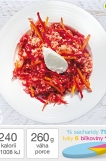==== 1 proce, 260 g = 240 kalorií (1008 kJ) ====
==== rozpis na 4 porce: ====

=== Ingredience ===
200 g - celozrnný bulgur, uvařit podle návodu
2 mrkve, 200 g - kupte mrkev s natí, bývá nejčerstvější
2 malé červené řepy
4 lžíce bílého jogurtu
1 lžička olivového oleje
sůl - výborná je himálajská růžová sůl

=== Příprava ===
V hrnci na olivovém oleji orestujte suchý bulgur. Vše zalijte osolenou vroucí vodou, cca 400 ml, 2 minuty povařte, přiklopte pokličkou, vypněte a nechte 20 minut dojít, aby bulgur změkl. Případnou přebytečnou vodu, která se neabsorbovala do bulguru slijte.

Do mísy si mezi tím nastouhejte na hrubém struhadle oloupanou syrovou mrkev a řepu. Syrové řepy se vůbec nebojte, ve společnosti s nastrouhanou mrkví je vynikající.

Nakonec každou porci ozdobte lžící bílého jogurtu.